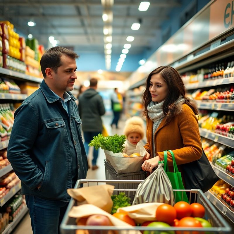 Familie românească la cumpărături într-un supermarket, lumină albastră ambientală