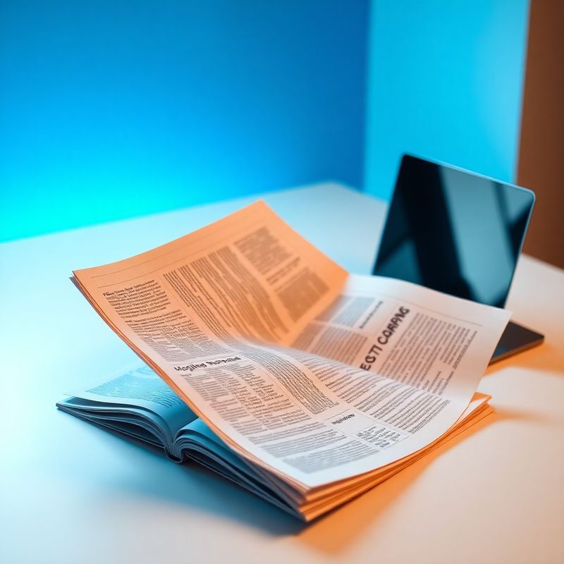Ziar deschis și laptop pe un birou minimal, iluminare albastră editorială